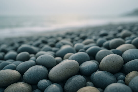 Smooth gray pebbles covering a quiet misty coastal shore