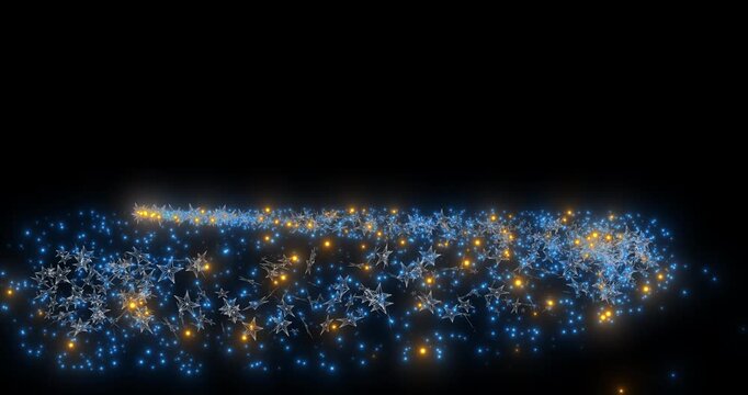 Dense blue star particles with orange lights swirl horizontally in a spiral. Sparkling magical dust forms a festive glowing border along the bottom frame.
