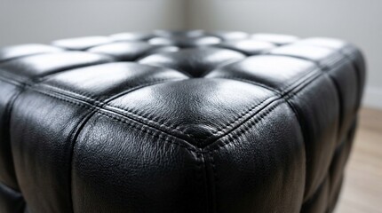 Naklejka premium Close up detail of a premium black synthetic leather tufted ottoman with elegant stitching and textured surface.