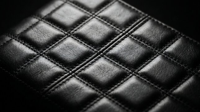 Premium black quilted faux leather texture with elegant square stitching and dramatic lighting for fashion interior design background