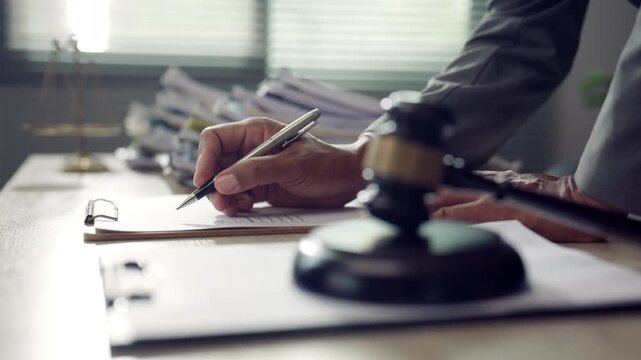 Legal Professional Signing Documents with Judge Gavel on Office Desk