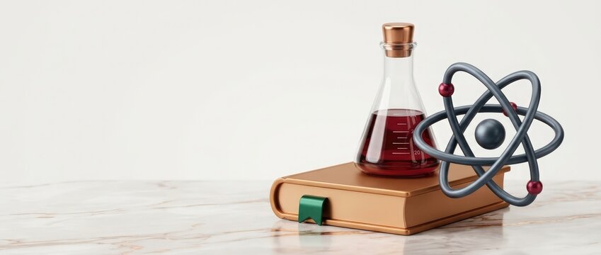 High-quality 3D rendering of science and education concept featuring a glass chemistry flask with red liquid, a molecular atom model, and a closed book on a marble surface for academic research.