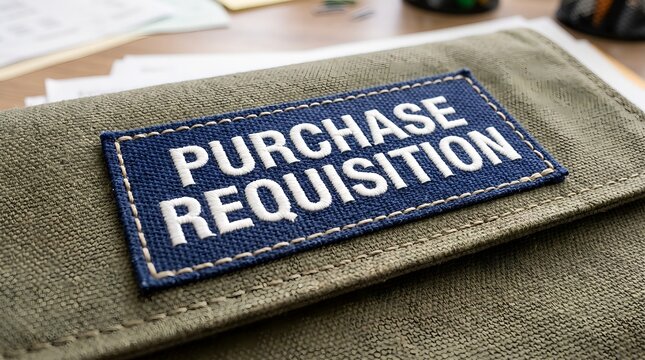 Close-up of a tactical canvas pouch featuring a bold patch with the text Purchase Requisition for organized administrative management