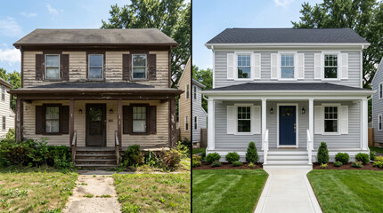 Fototapeta premium house renovation before and after comparison | home exterior makeover transformation | residential property flipping and remodeling | modernizing old colonial house exterior