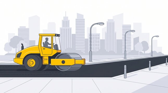 Yellow road roller flattening fresh asphalt pavement during urban street construction work with bright daylight illumination