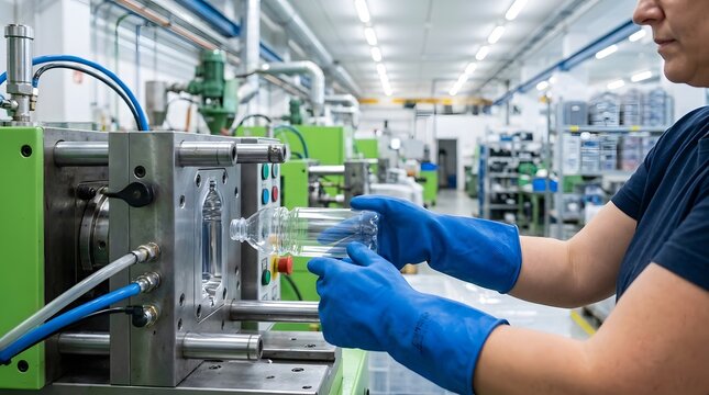 Worker Operating Green Injection Molding Machine in Factory