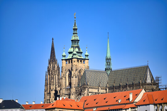 Spires of St. Vitus Cathedral at Prague Castle in Prague Czech Republic