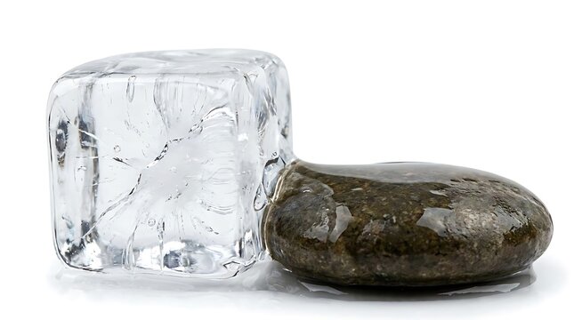 Clear ice cube next to smooth wet stone