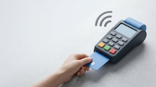 3D Illustration of a Hand Inserting a Credit Card into a Stylized Point of Sale POS Terminal for Secure Cashless Payment and Digital Financial Transaction on Minimalist Background