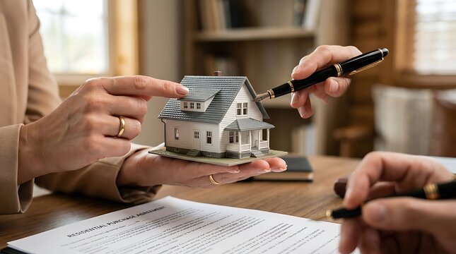 Real Estate Transaction: Hands Signing Residential Purchase Agreement with House Model