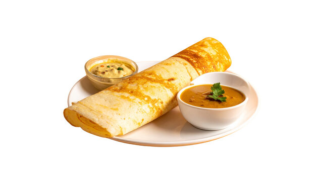 A crispy golden-brown dosa rolled neatly, served with a small bowl of coconut chutney and sambar, isolated on transparent background, PNG