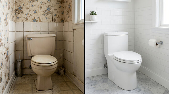 Bathroom renovation before and after | Modern small bathroom makeover | Home improvement bathroom remodeling project | White subway tile and marble hex floor