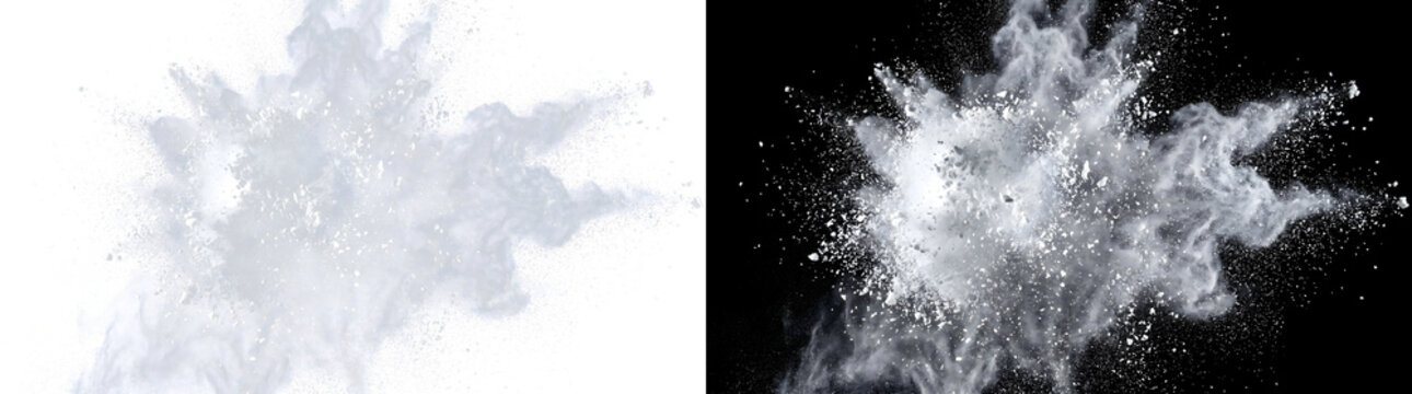 Powder Burst Explosion of a radial cloud spreading with fine fragments for bold impact effects with PNG Transparent and Black Background Versions