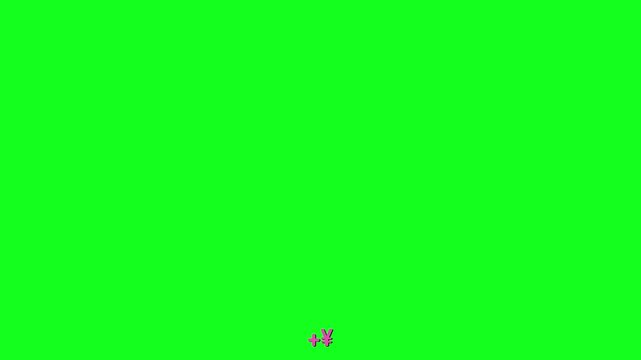 Pink plus sign beside yen symbol on green screen. Simple, bold design stands out clearly. Perfect for finance, currency, or digital marketing. Ideal for animations or video editing projects