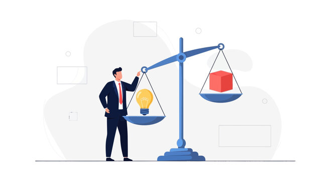 Businessman weighing idea versus tangible object on scales, concept of innovation, value, and decision making.