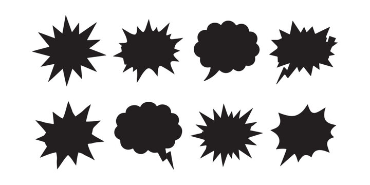 Set of black comic book speech bubbles and starburst explosion shapes for graphic design