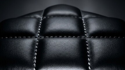 Fototapeta premium Dark luxury black faux leather texture with quilted pattern and white stitching macro shot for furniture or automotive background.