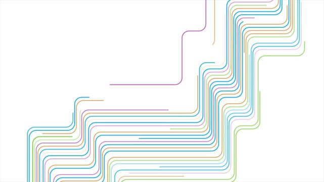 Colorful curved lines forming geometric pattern on white background. Multicolor paths create flowing linear shapes. Video animation Ultra HD 4K 3840x2160
