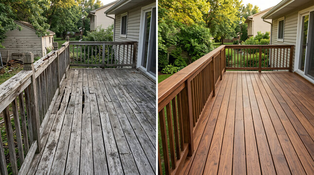 wooden deck restoration before and after | home renovation deck staining service | backyard patio makeover with wood sealer | repairing old weathered wooden deck boards