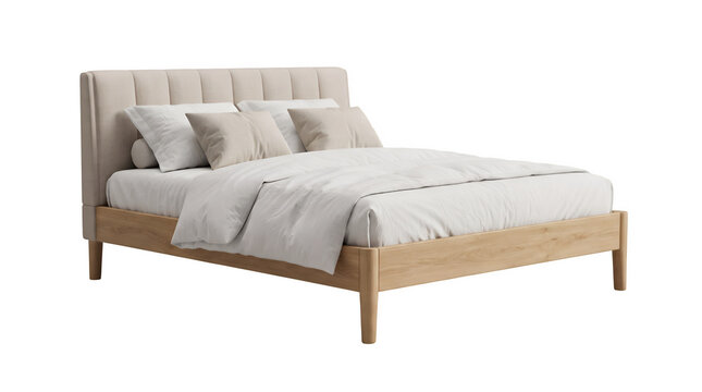 Contemporary wooden double bed frame with tufted headboard and white bedding isolated on black background