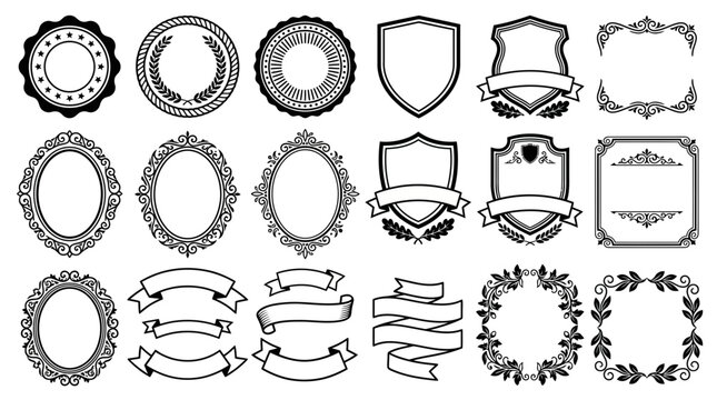 Ornate Decorative Frames, Ribbons, and Shields Vector Set; Vintage Heraldic Badges and Seal Labels Elements Collection for Logo, Label, and Certificate Design.