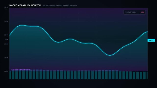A premium full-screen 16:9 HTML stock-market background animation showing a fictional market transitioning from low volatility into high volatility and back to stability.