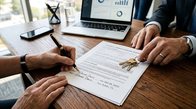 Signing Residential Property Purchase Agreement with Keys and Laptop for Business Deal