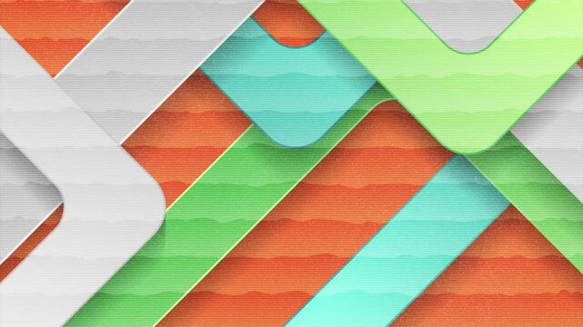 Colorful geometric stripes with paper grain texture and layered diagonal shapes. Grey, green and cyan retro pattern on orange. Seamless loop motion design. Video animation Ultra HD 4K 3840x2160