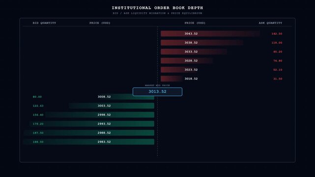 A 10-second seamless loop of a fictional crypto order-book depth chart showing symmetrical liquidity pressure, bilateral depth bars, and dynamic price shifts against a futuristic dark backdrop.