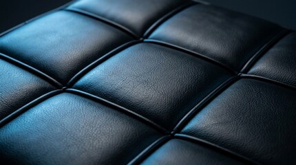 Naklejka premium Premium black synthetic leather upholstery texture featuring a quilted square pattern and elegant blue lighting for interior design.