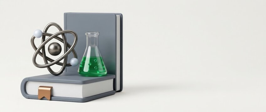 3D Illustration of Science and Education Concepts Featuring a Metallic Atom Model, Chemistry Beaker with Green Liquid, and Books on a Clean White Background with Copy Space for STEM Research