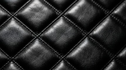 Naklejka premium Black quilted leather texture close-up with diamond pattern stitching for luxury fashion background or automotive interior design upholstery