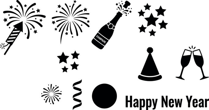New Year party icons vector set, black celebration symbols with fireworks and champagne, festive event design elements