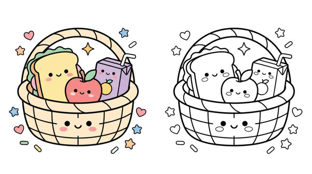 Adorable lunch basket filled with smiling food friends, vector line art and full color illustration