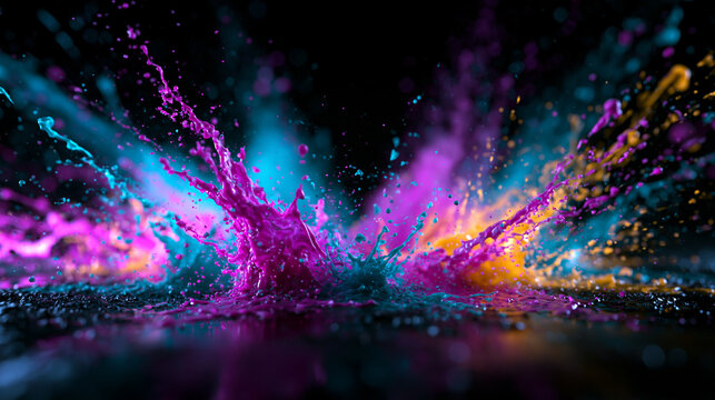 Colorful Paint Splashing Dynamically on Dark Background