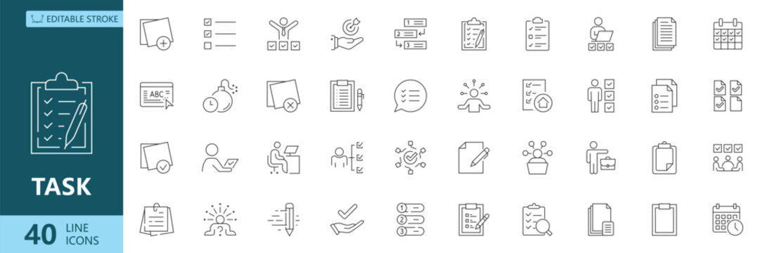 Task icon set. Containing checklist, poll, multitasking, decision, voting, checkbox, checkmark and more. Outline Icon Collection. Editable stroke. Vector illustration