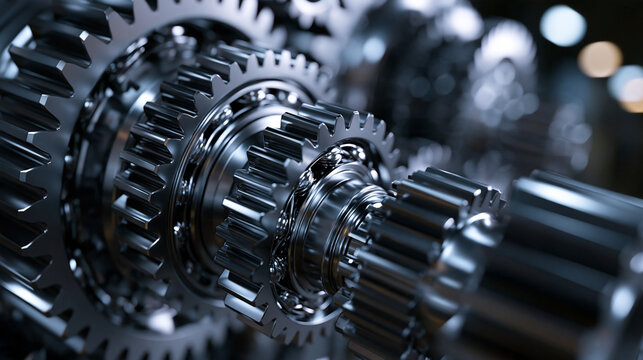 Close-Up of Polished Metallic Gears and Mechanical Transmission