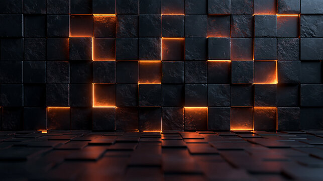 Futuristic Dark Geometric Cube Wall with Glowing Orange Light