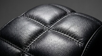 Naklejka premium Close-up macro shot of black quilted synthetic leather upholstery with detailed stitching and grain texture for luxury furniture design.