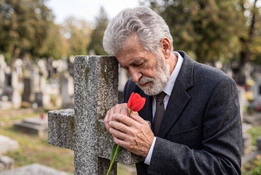 Senior Man Grieving and Mourning at Cemetery Leaning Against Stone Cross with Red Flower
