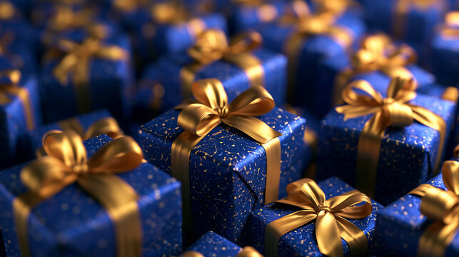 Luxury Blue Gift Boxes with Gold Bows for Celebration
