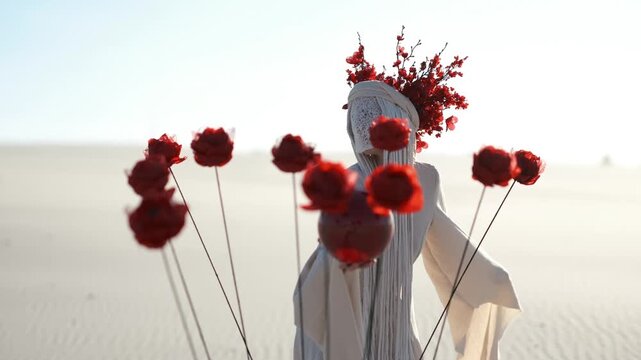 Surreal performance with mysterious figure in white costume, lace face covering, red floral headpiece holding dark sphere among red roses on stems in desert sand. Mystical modern art performance. 