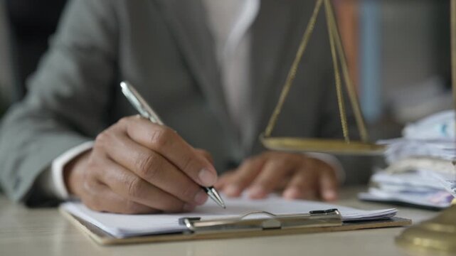 Lawyer Preparing Case Documents Beside Justice Scales in Law Office