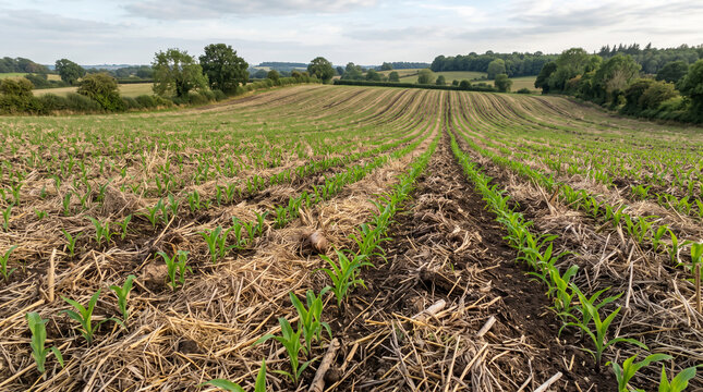 No-till agricultural field with crop residue protecting soil and supporting carbon retention and regenerative farming