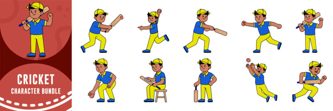 Cartoon cricket character bundle with batsman, bowler, fielder and cricket player poses for sports illustrations and game graphics