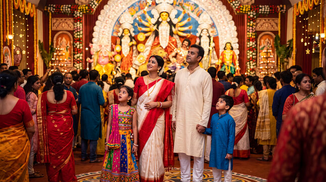 Family Celebrating Durga Puja at Traditional Festival Mandap