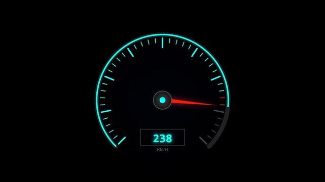 Futuristic digital speedometer with a glowing needle indicating high speed on a dark background, symbolizing rapid progress and performance metrics