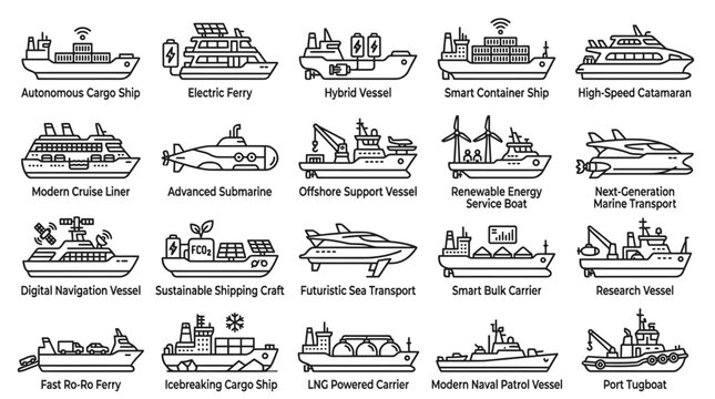 Variety of cargo ships and vessels.
