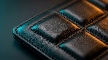 Fototapeta premium Macro View of Premium Black Quilted Synthetic Leather Texture with Teal and Orange Cinematic Lighting Highlights and Professional Stitching Detail