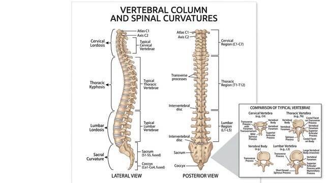 Human Vertebral Column and Spinal Curvatures Anatomy Chart with Detailed Typical Vertebrae Comparison for Medical Education